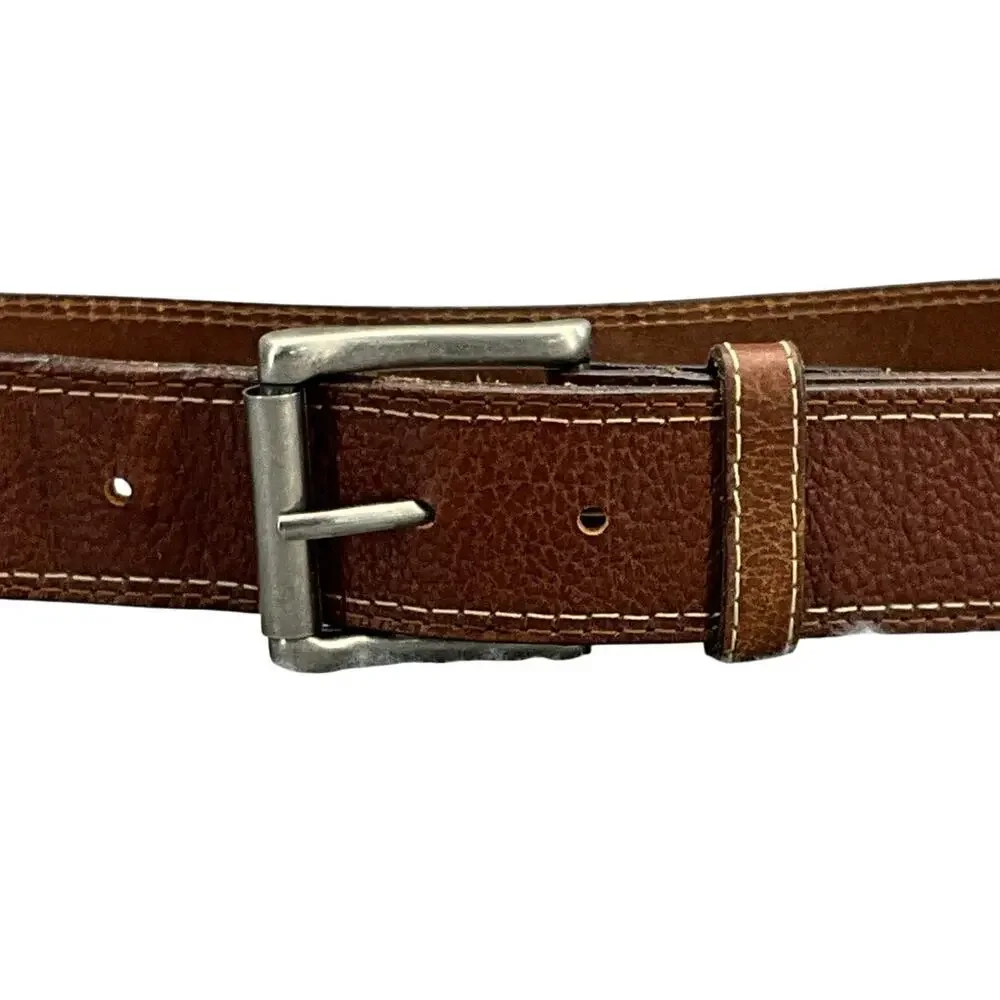 Western Brown Leather White Stitch Silver Square Buckle Belt Men 36”